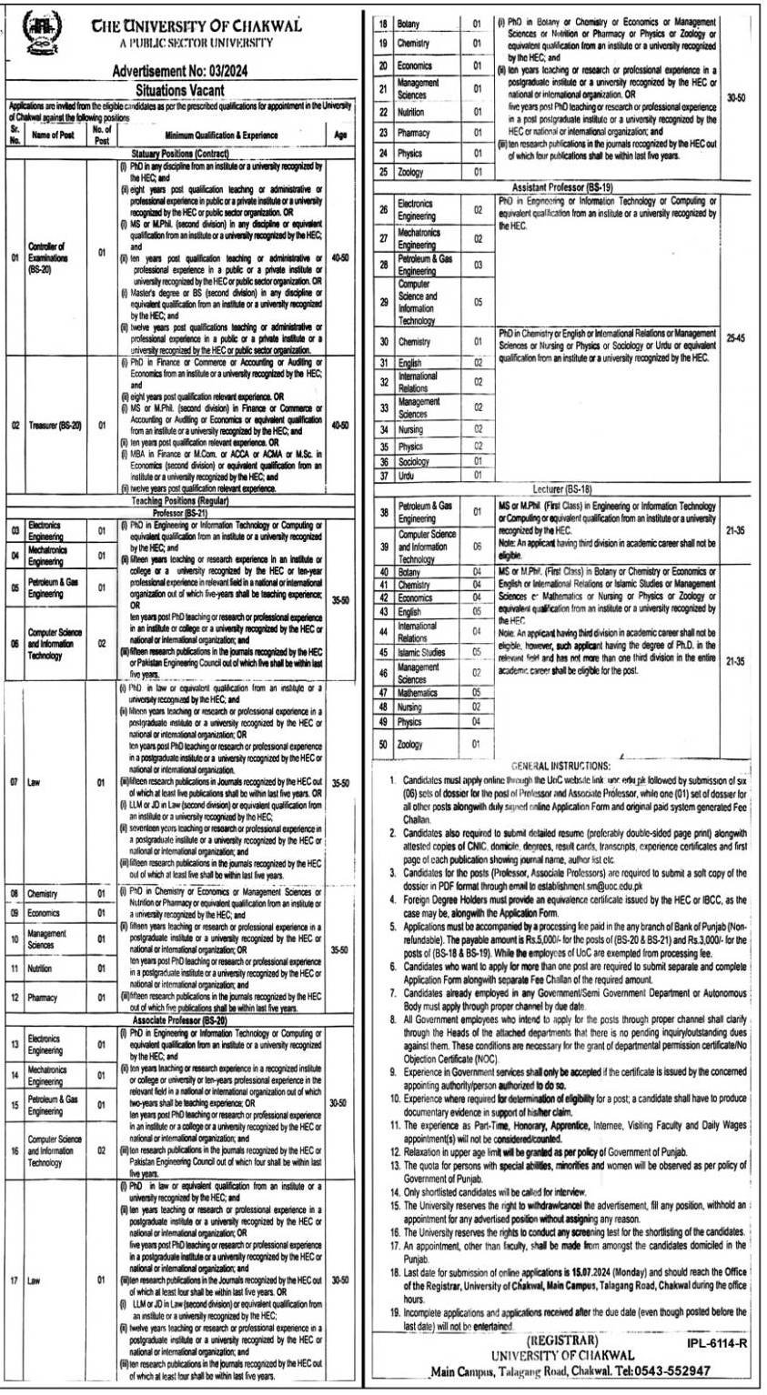 University of Chakwal Announces Teaching Staff Positions for 2024